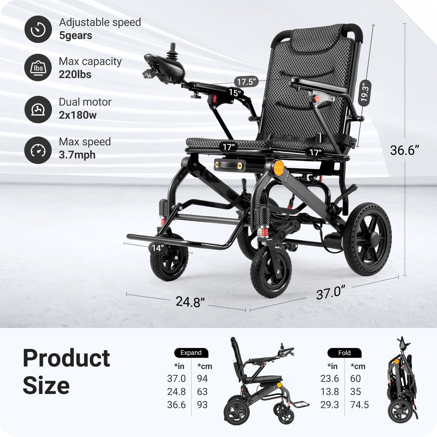 Verpal Long-Range Lightweight Electric Wheelchair with Powerful Motor E100Y